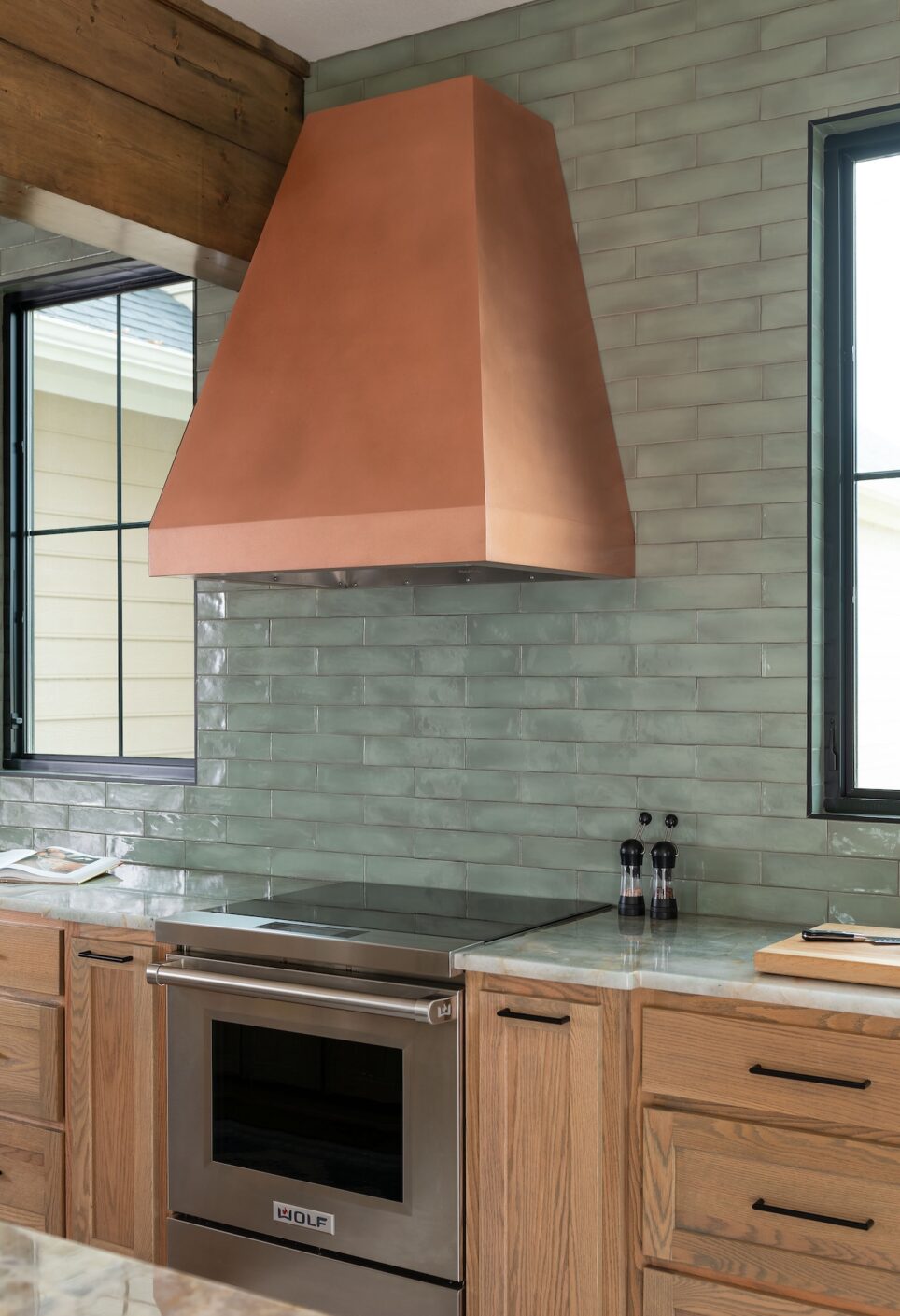 Copper Range Hood Green Tile Backsplash