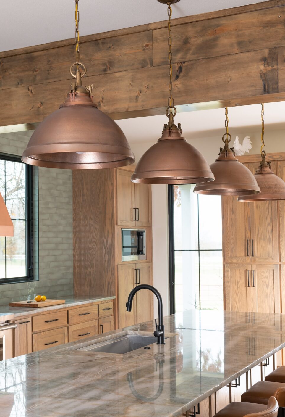 Hanging Copper Lighting Over Kitchen Island
