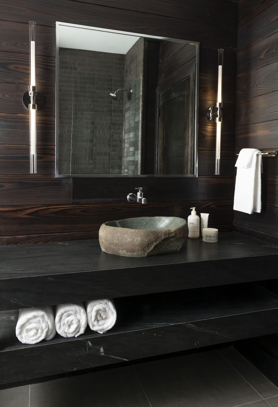 Primary Bathroom Design Rolled Towels Under Sink