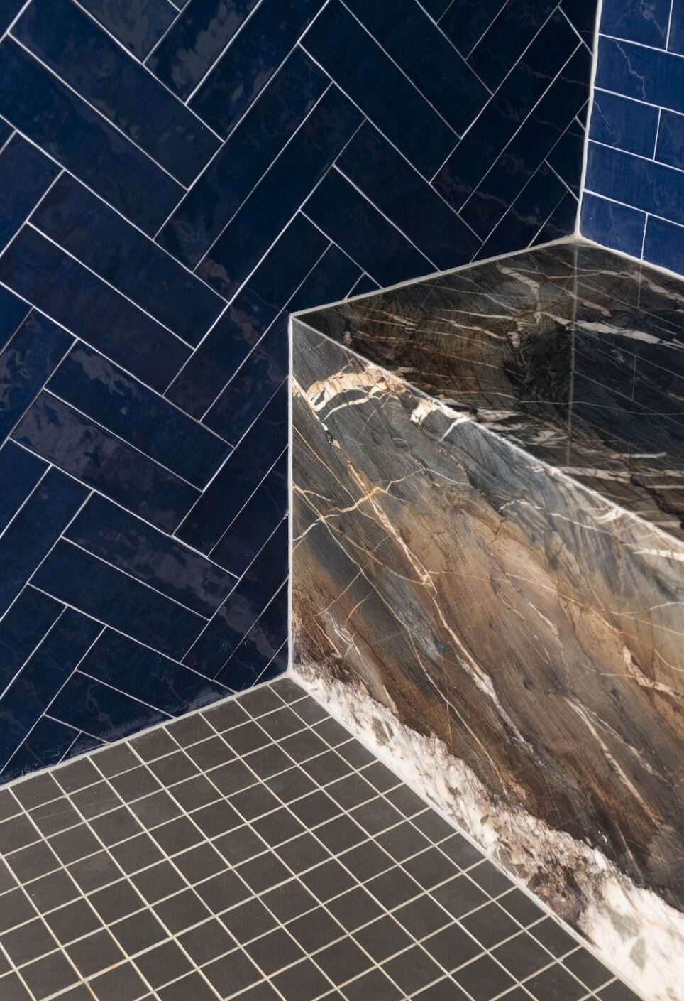 Custom Stone Bench In Shower Blue Tile